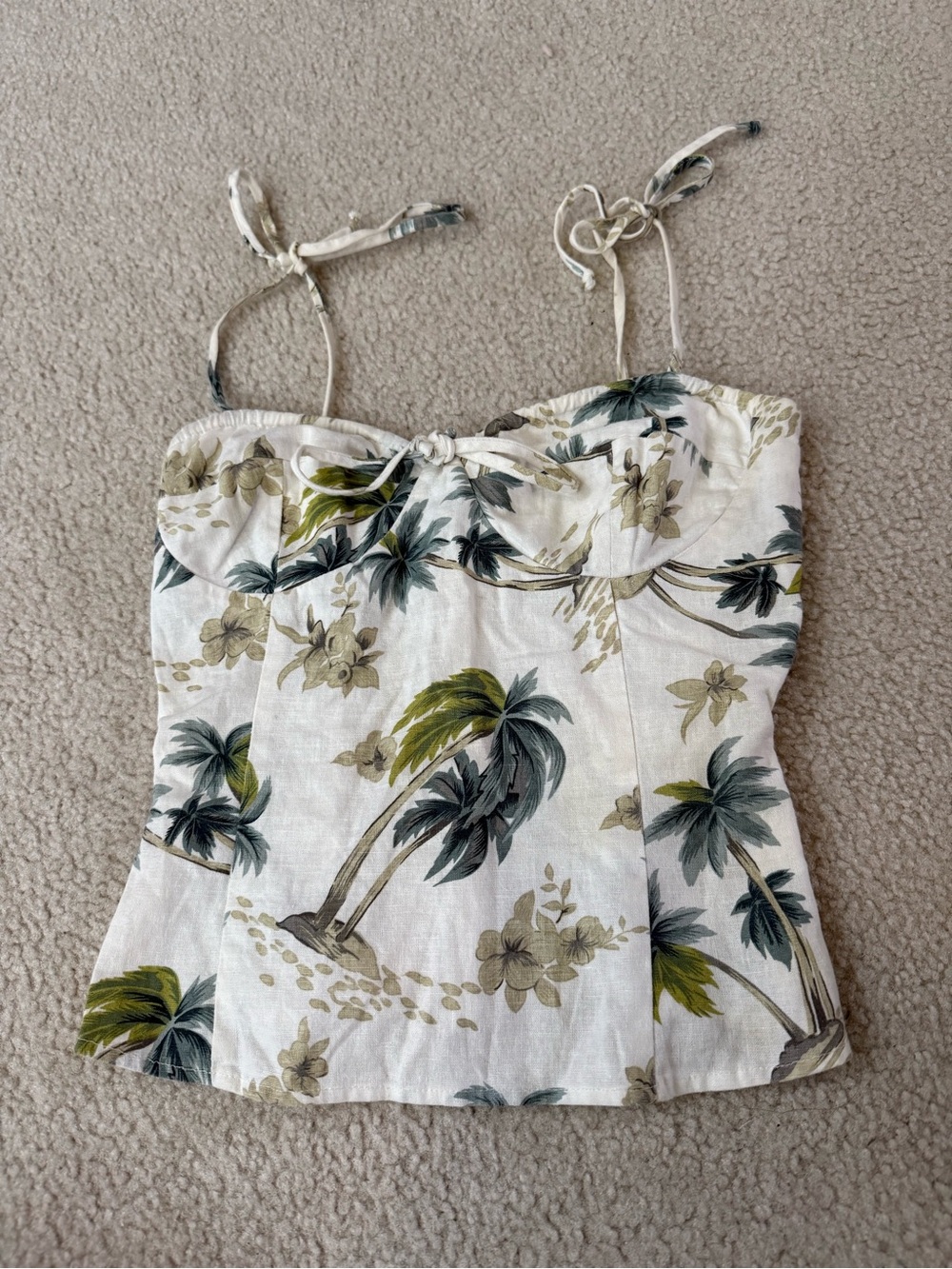 Women’s Tropical Print Tie-Strap Bustier Top in White Linen